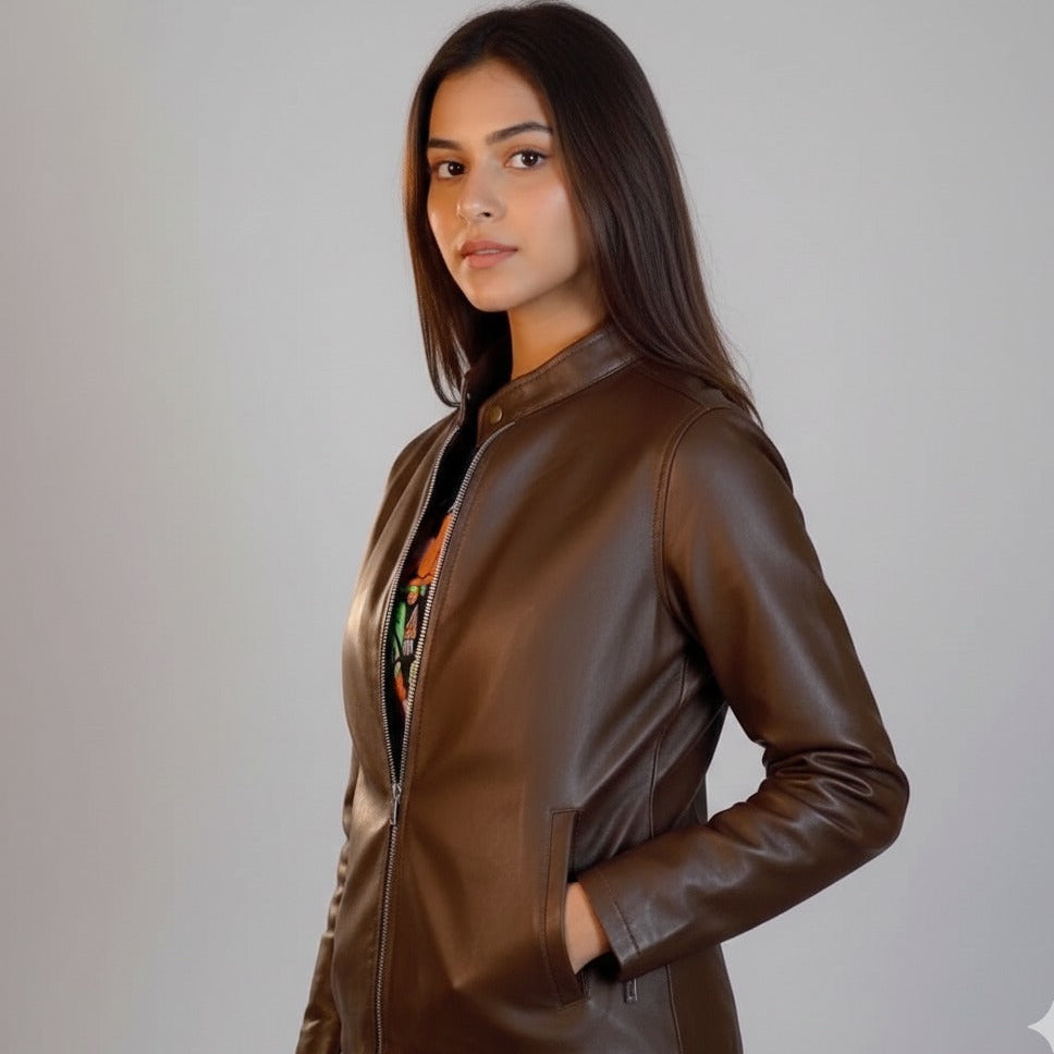 Plain Brown Leather Jacket for Ladies