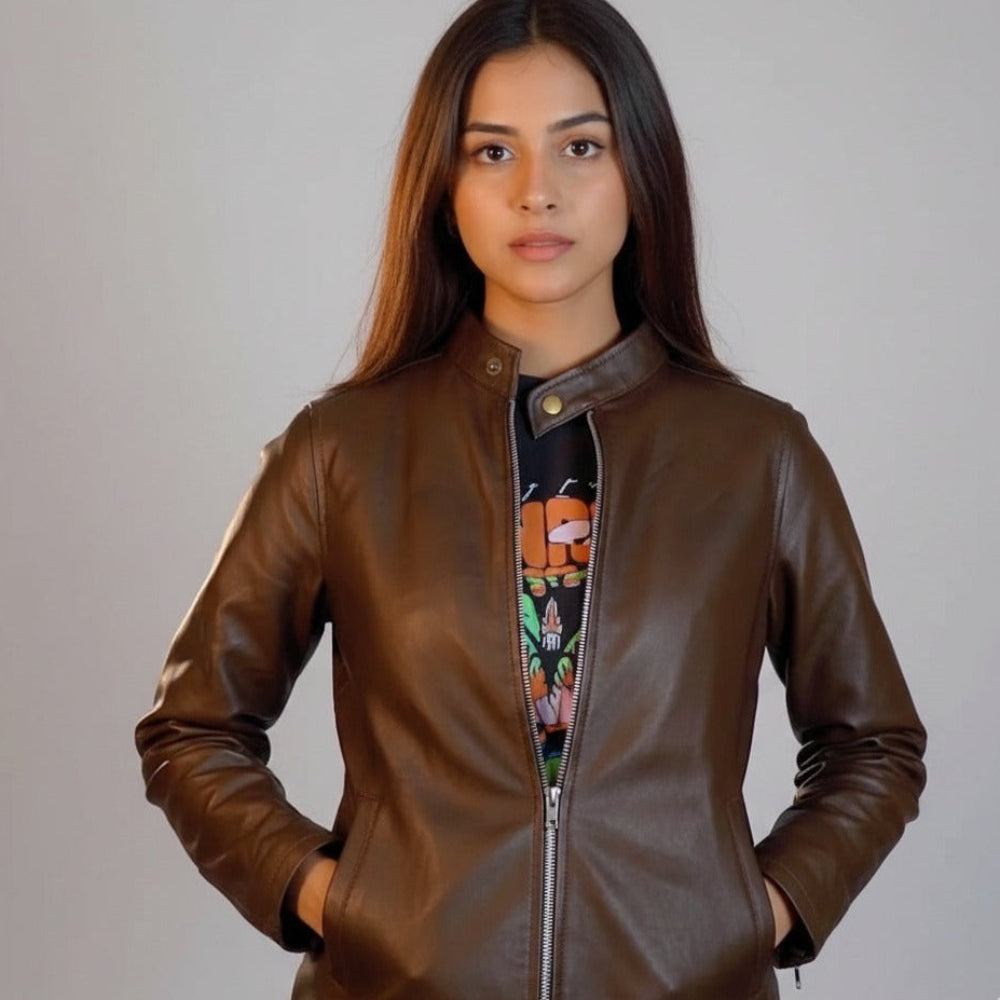 Plain Brown Leather Jacket for Ladies